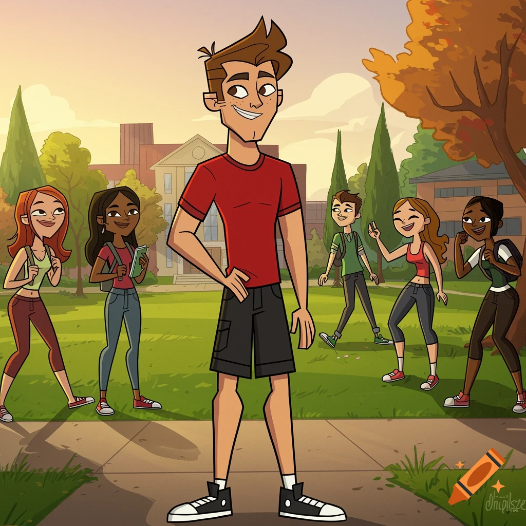 Cartoon image of a tall male student in red shirt and black shorts standing on a college campus lawn, with five other students nearby.