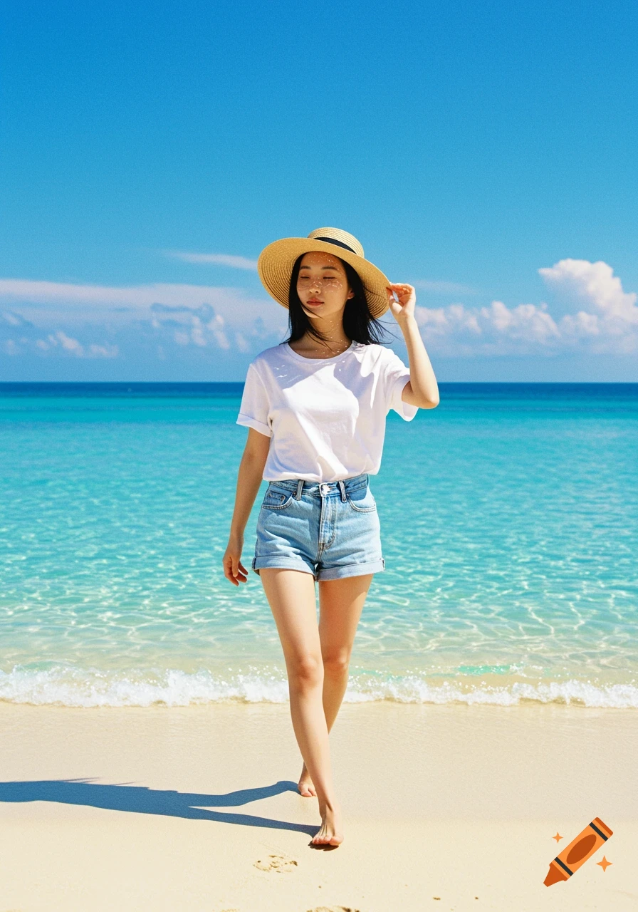 Photorealistic image of an Asian woman in a white t-shirt and denim shorts walking on a sandy beach with clear blue water.