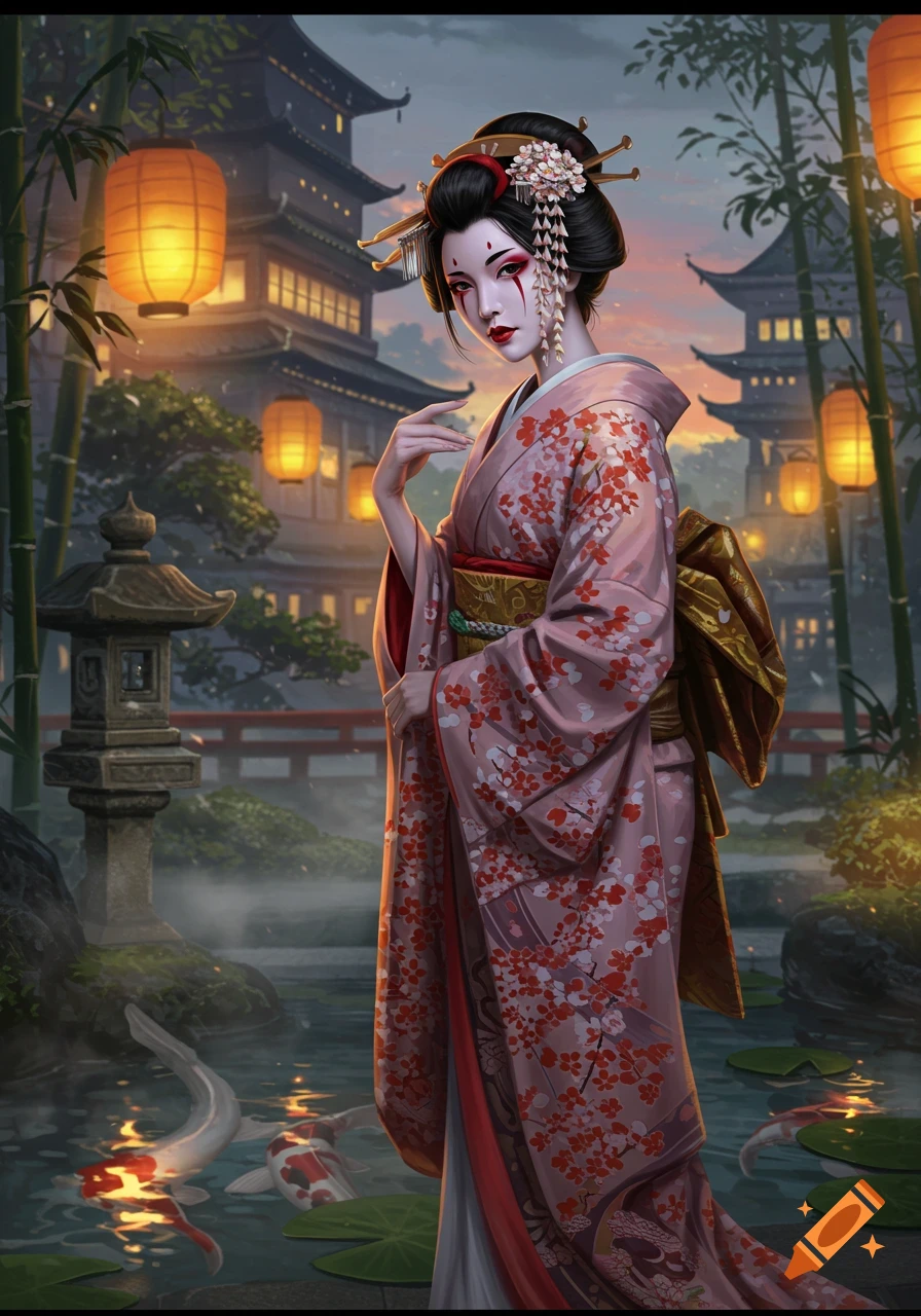 A geisha in a pink kimono with cherry blossoms stands in a traditional Japanese garden with koi fish and lanterns at dusk, digital painting.