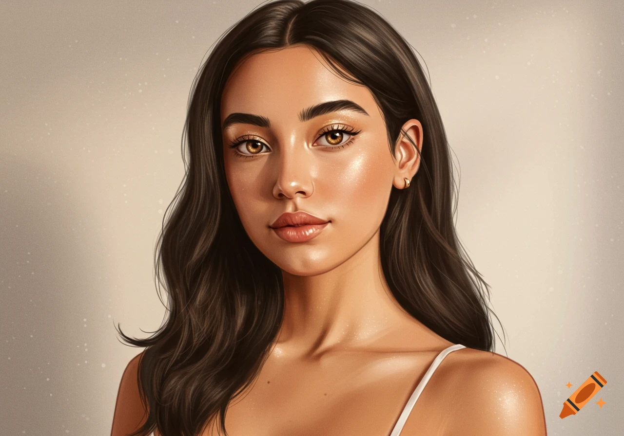 A close-up digital art portrait of a woman with dark hair and warm brown eyes, featuring a soft glow on her skin.