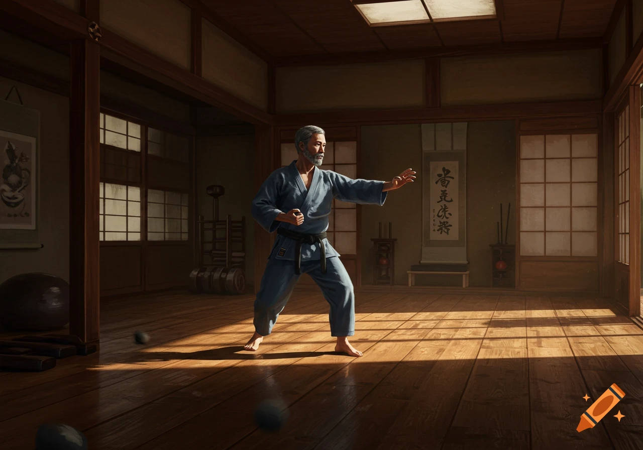 An older man with a beard in a blue gi practices martial arts in a traditional dojo, illuminated by sunlight.