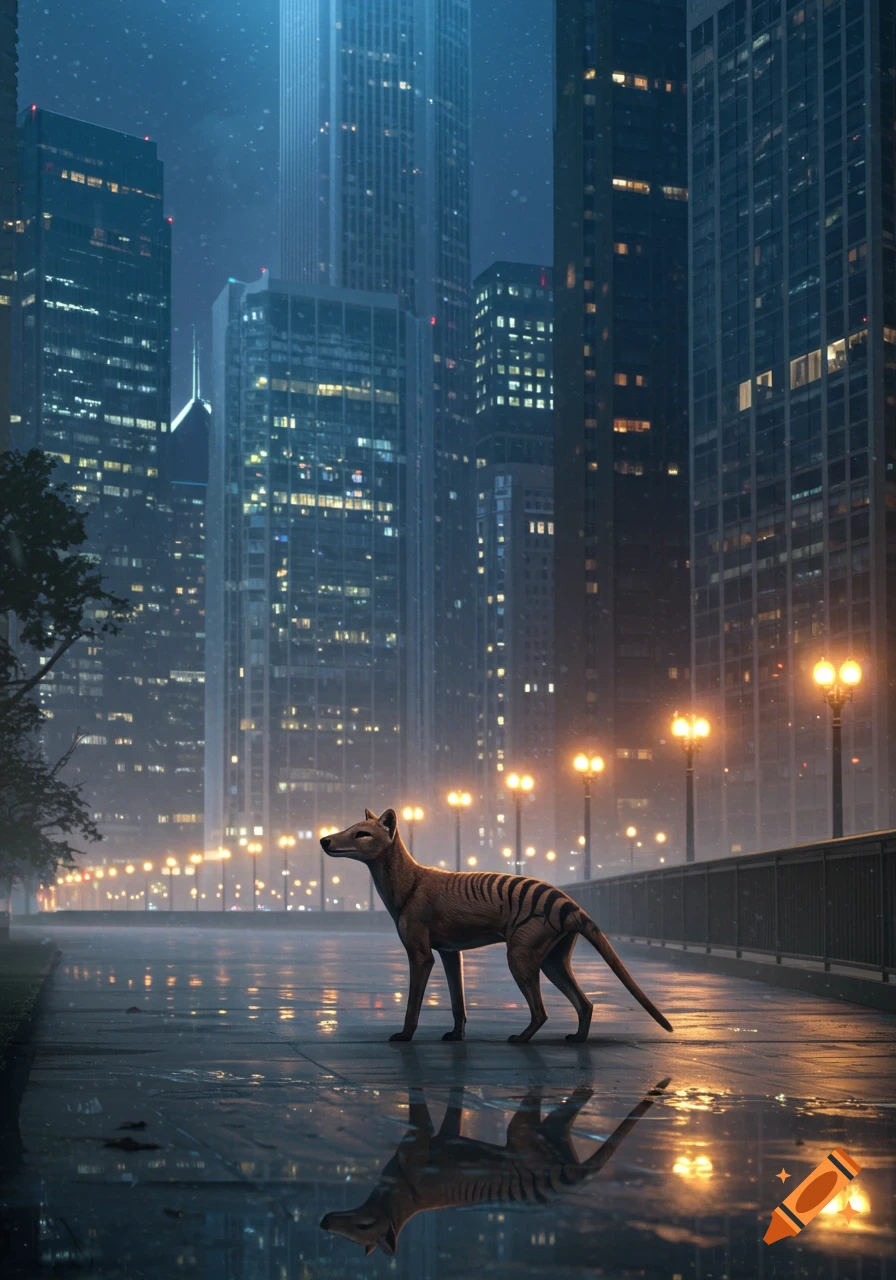 A thylacine stands on a wet urban street with tall city buildings and glowing streetlights in the snowy night, with reflections on the ground.