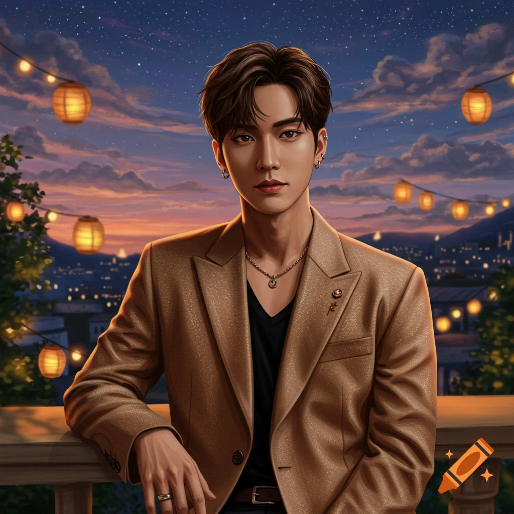 A stylish man in a brown suit jacket and black shirt leans on a railing against a dusk cityscape background with glowing lanterns and stars in a digital painting style.