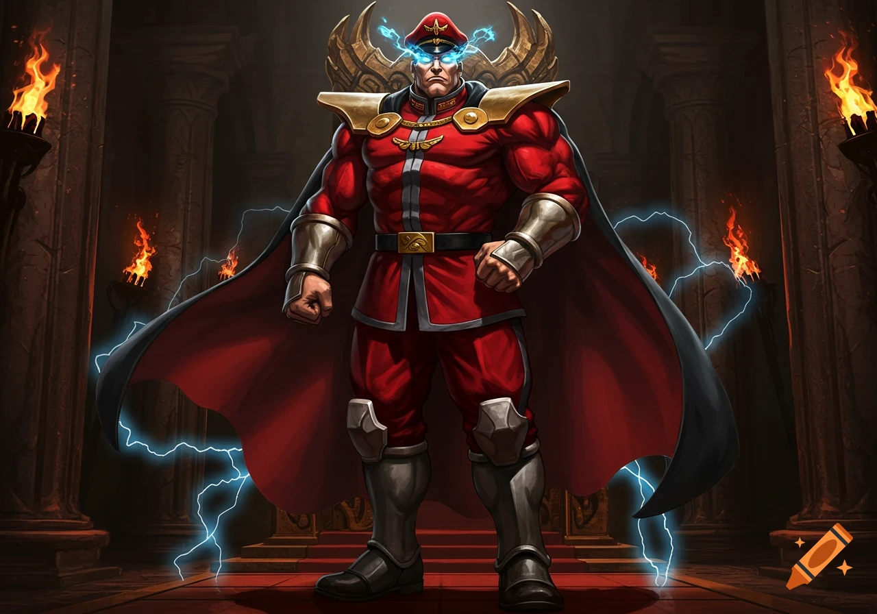 M. Bison, a muscular man in a red military uniform and cape, stands in a dark temple with glowing eyes and lightning.