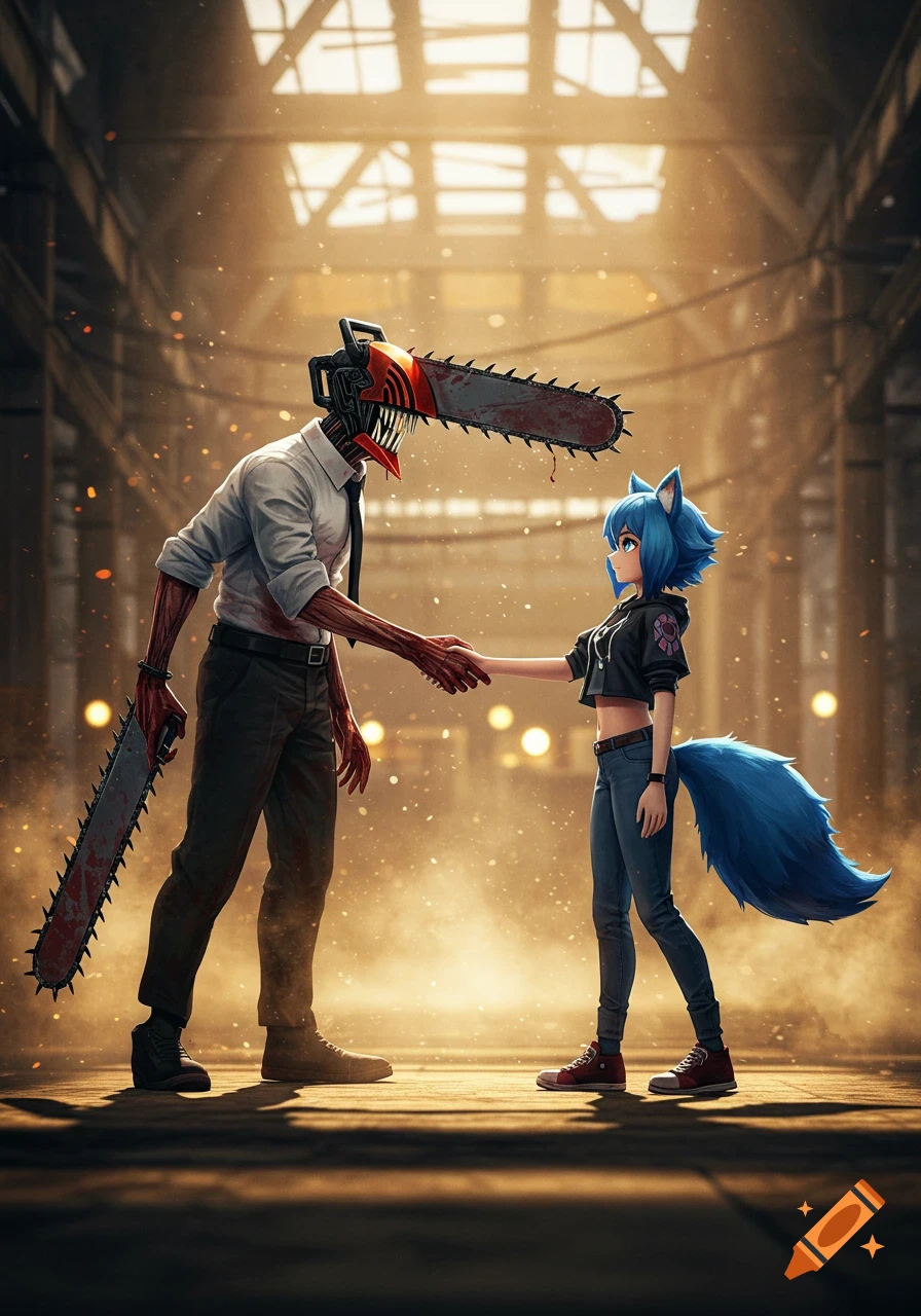 Chainsaw Man, a man with a chainsaw head, shakes hands with an anime girl with blue hair and cat ears in a dusty industrial setting.
