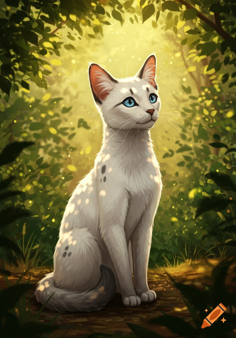 A white cat with bright blue eyes sits in a sun-dappled forest, looking up, in a digital painting style.