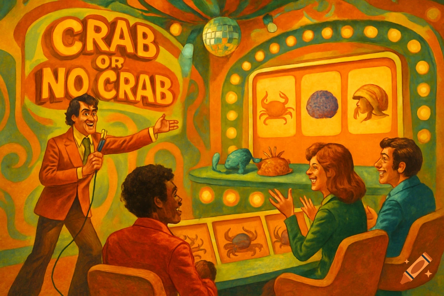 A colorful 70s era game show, "Crab Or No Crab," with a smiling host gesturing towards a game board, and two enthusiastic contestants looking on. The style resembles a retro painting.