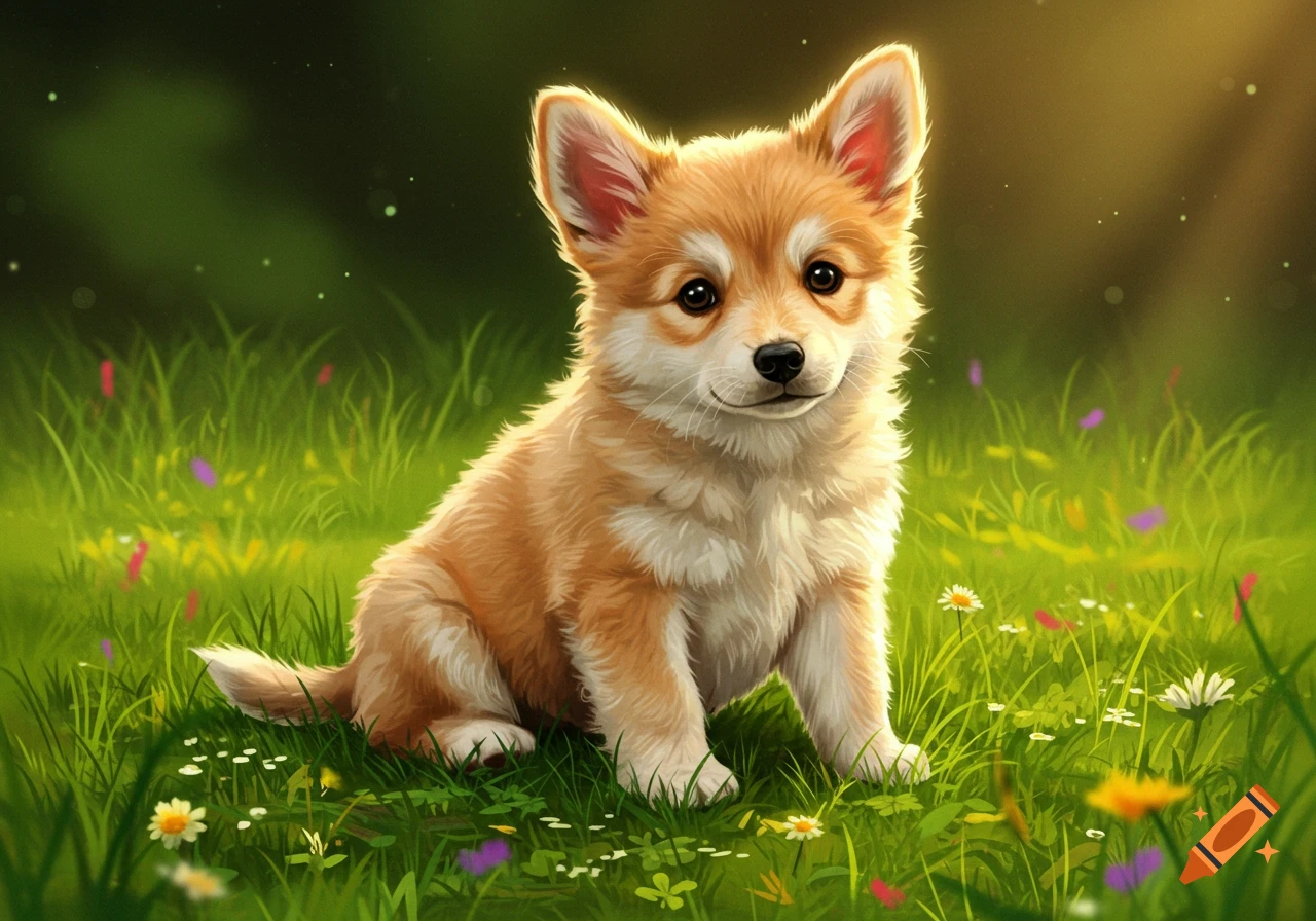 A cute fluffy light brown puppy with white fur, sitting in bright green grass with small colorful flowers, in a digital painting style.