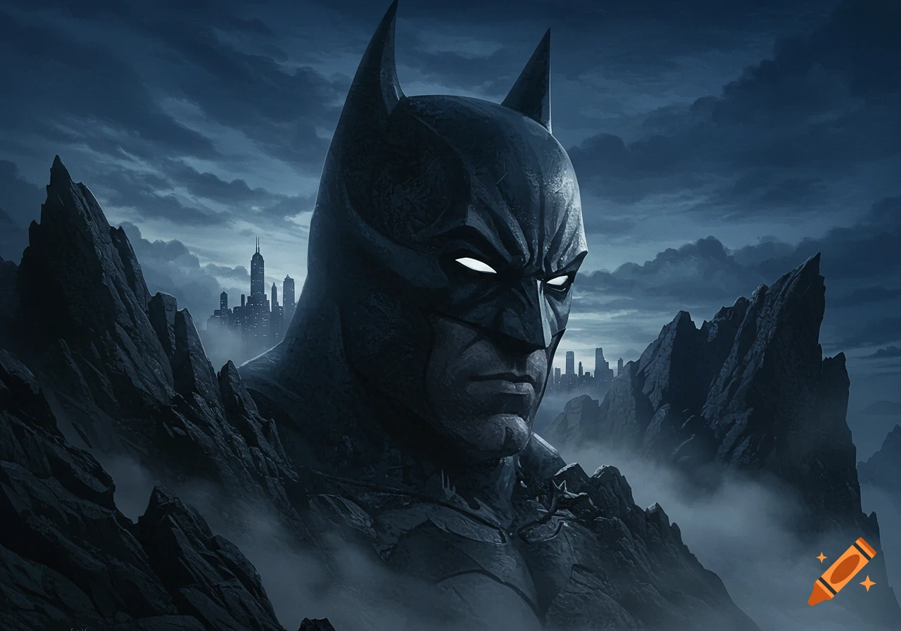 A giant, stone-like bust of Batman emerges from dark, craggy mountains under a dramatic sky, with a city skyline in the misty background.