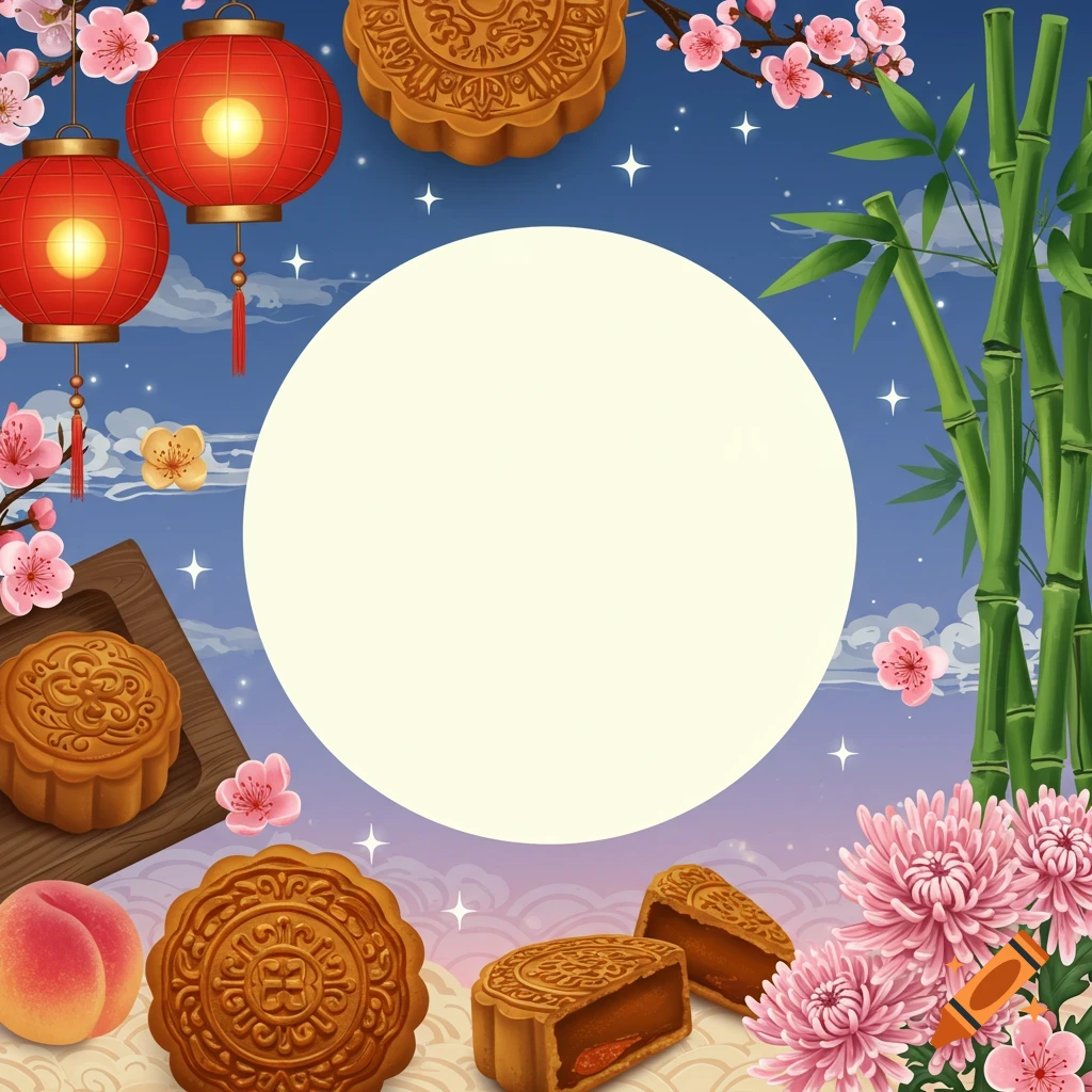 An illustration of Mid-Autumn Festival symbols around a blank full moon: red lanterns, mooncakes, cherry blossoms, bamboo, and chrysanthemums.