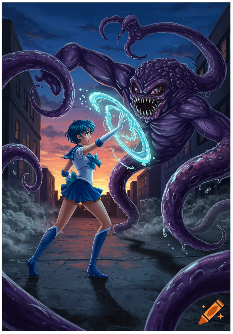 Sailor Mercury fighting a large purple tentacled monster with glowing blue energy in a city street at dusk.
