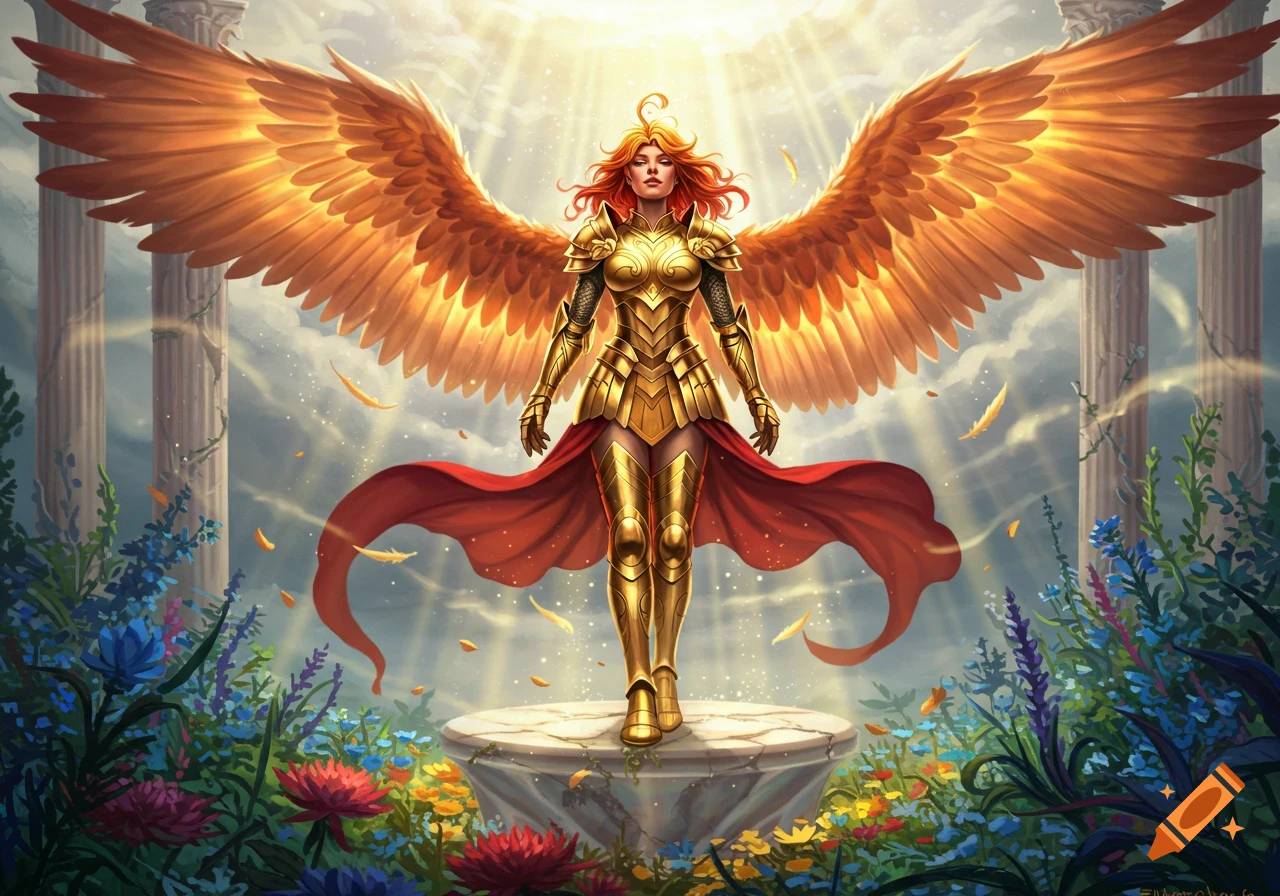 A majestic figure in golden armor with large golden wings stands on a pedestal surrounded by vibrant flowers under a bright sky.