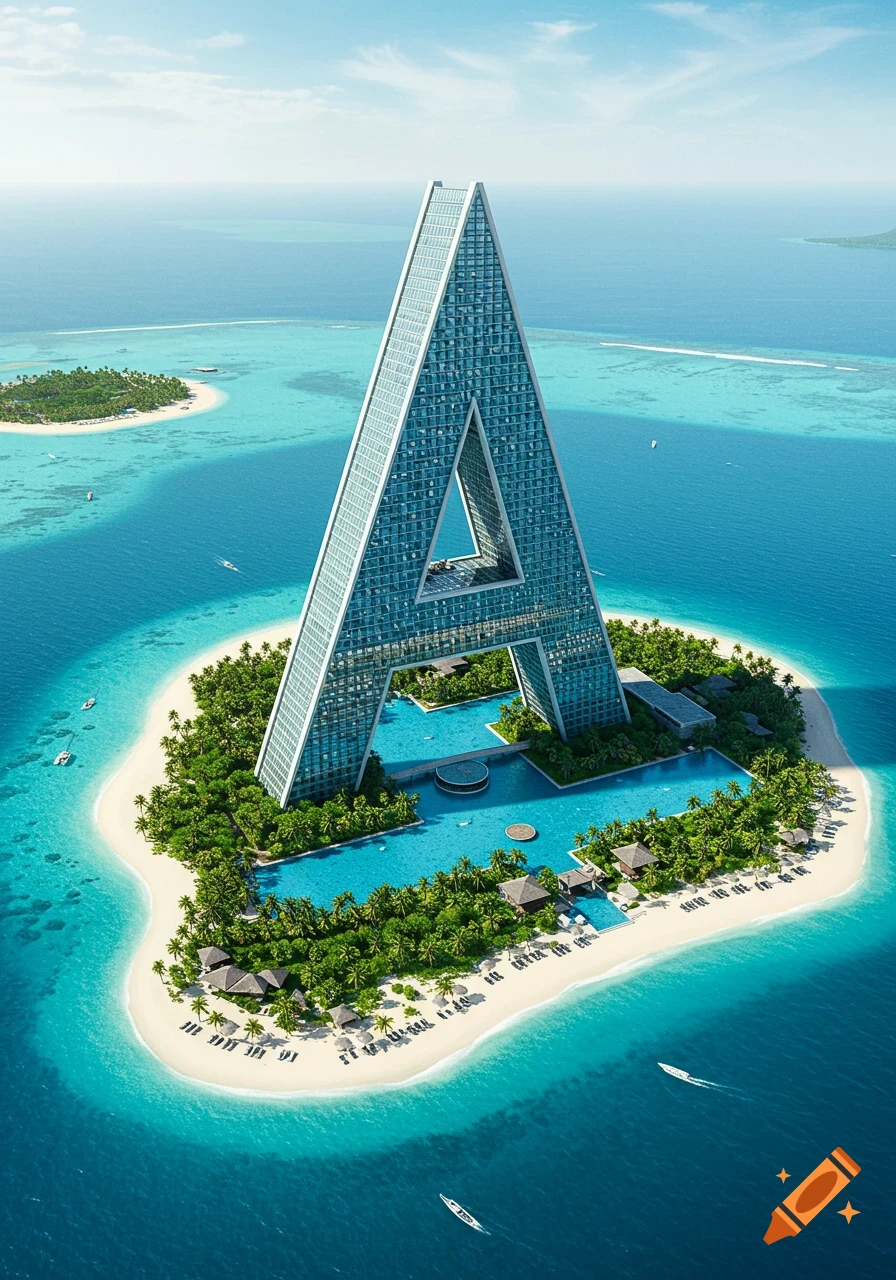 An aerial view of a unique, modern hotel shaped like the letter 'A' on a lush tropical island with white sand beaches, turquoise water, and swimming pools.