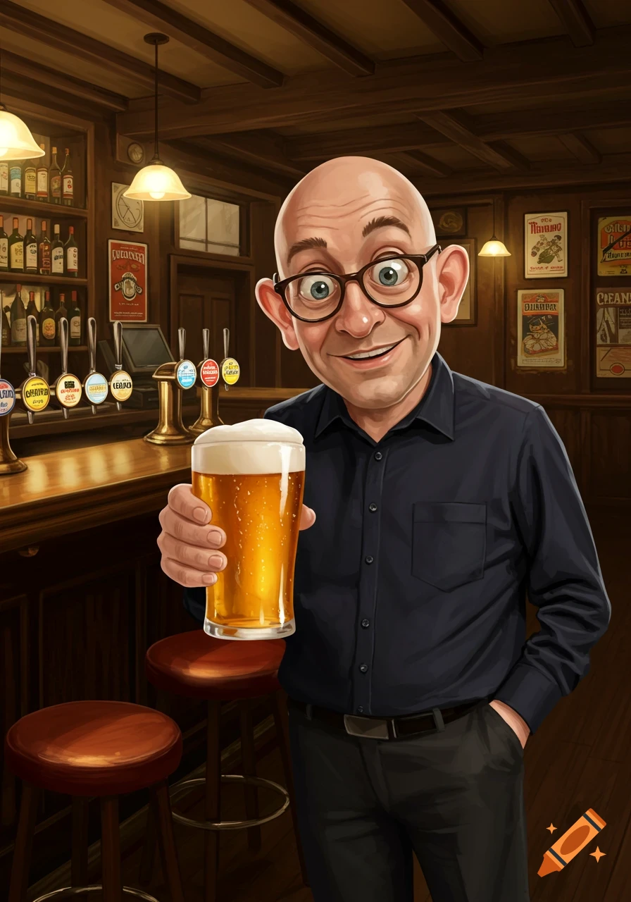 A stylized illustration of a bald man with glasses and big eyes, smiling and holding a pint of beer in a rustic pub.