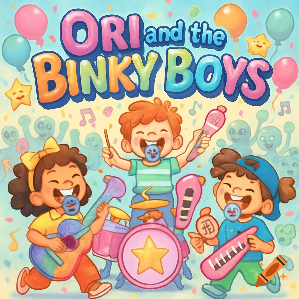 Whimsical, colorful illustration of an album cover for 'Ori and the Binky Boys', showing three smiling cartoon children playing toy instruments amidst balloons and musical notes.