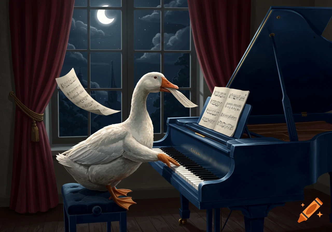 A white goose sits on a stool, playing a blue grand piano by a window at night, with sheet music floating.