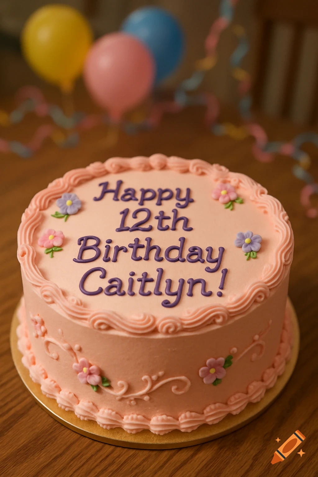 A close-up shot of a pink birthday cake with purple frosting spelling out "Happy 12th Birthday Caitlyn!", surrounded by colorful balloons and streamers.