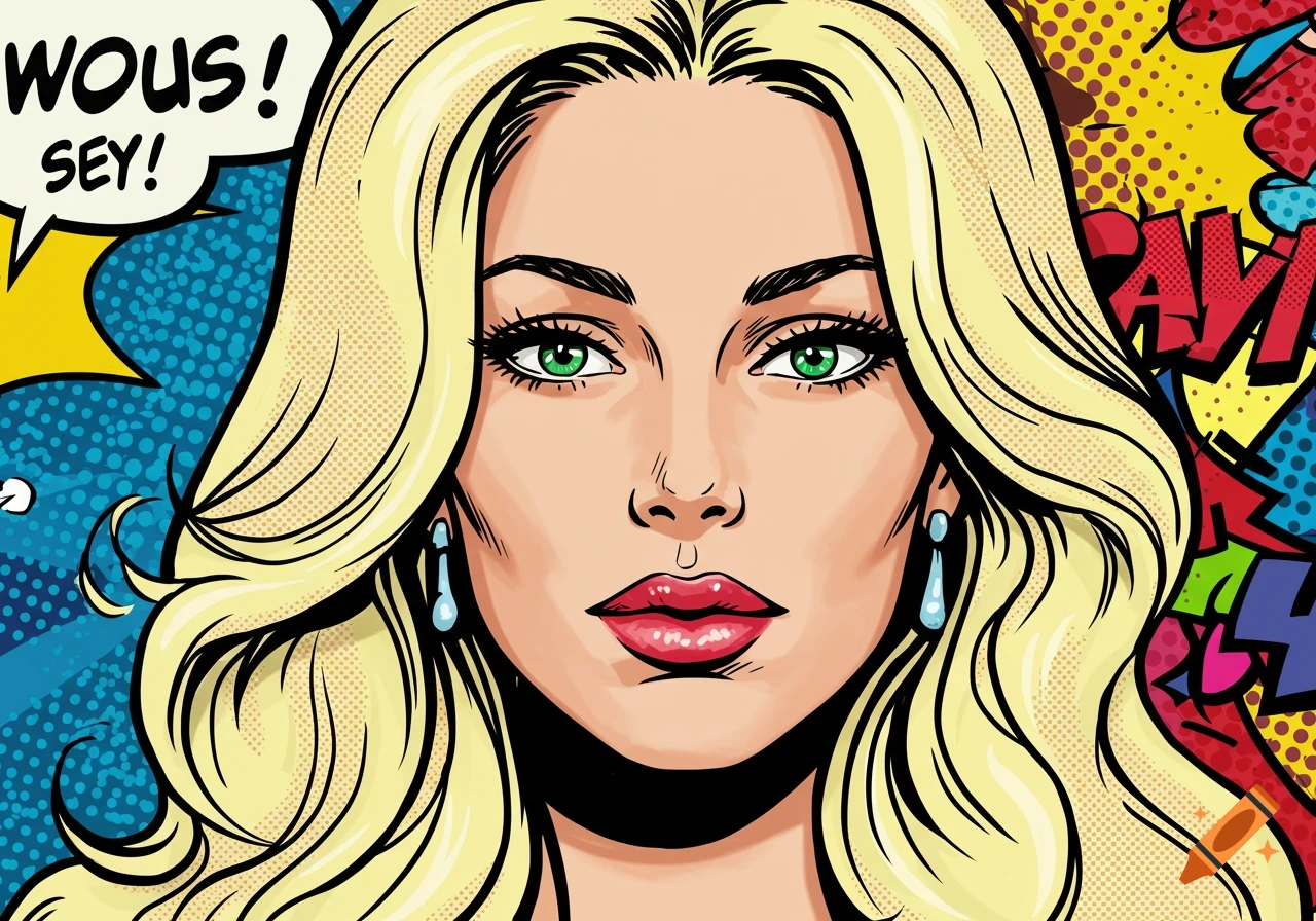 Pop art portrait of a blonde woman with green eyes, featuring comic book style speech bubbles and bright colors.