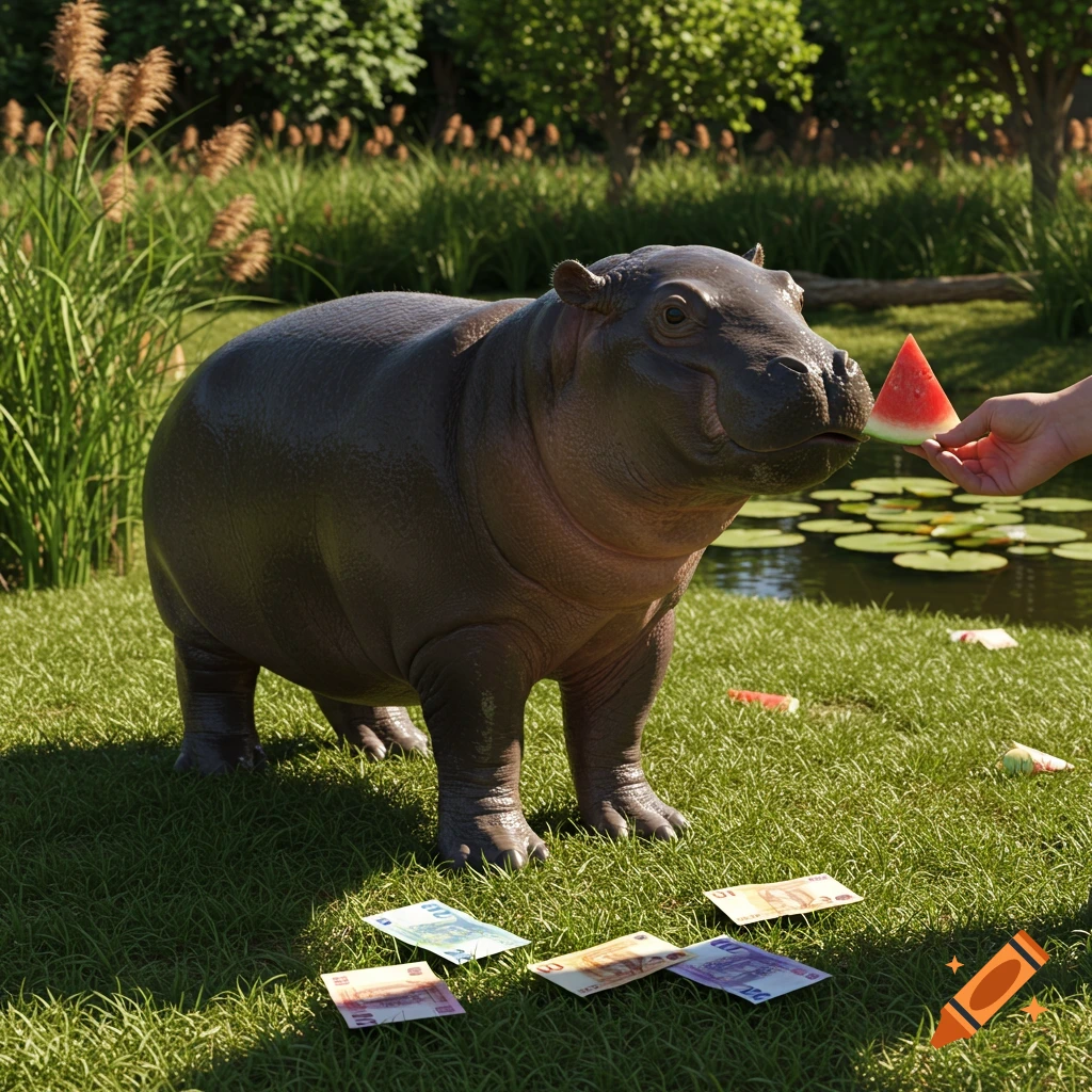 A photorealistic baby hippo stands on green grass near a pond, being fed a watermelon slice by a hand, with banknotes scattered on the ground.