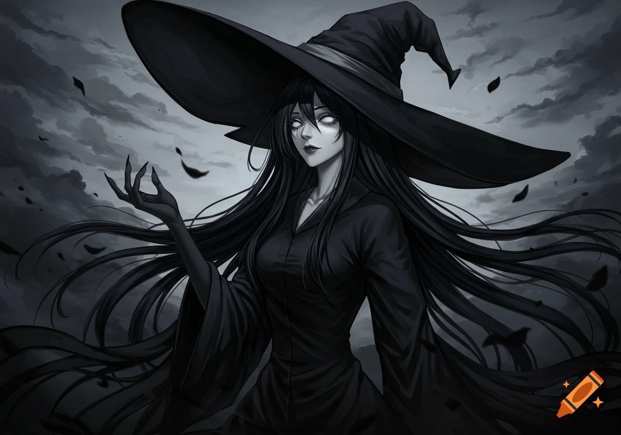 An anime-style witch in black robes and a wide hat, with long black hair, milky white eyes, and pale skin, against a stormy sky.