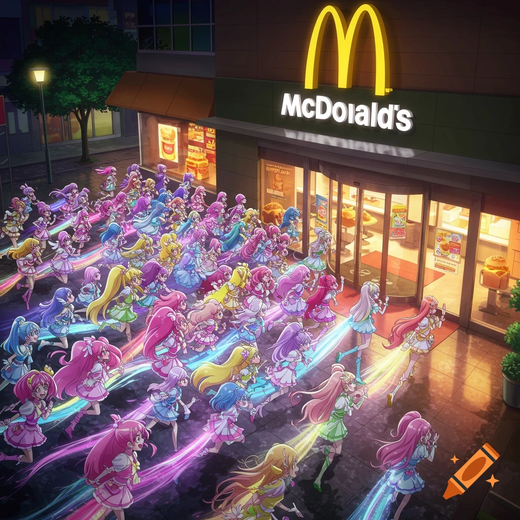 Many colorful anime-style magical girls with flowing hair and glowing trails run excitedly towards a McDonald's restaurant at dusk.