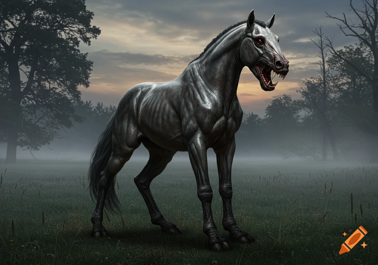 A photorealistic gray carnivorous horse with red eyes, fangs, and paws stands in a misty field at dusk.