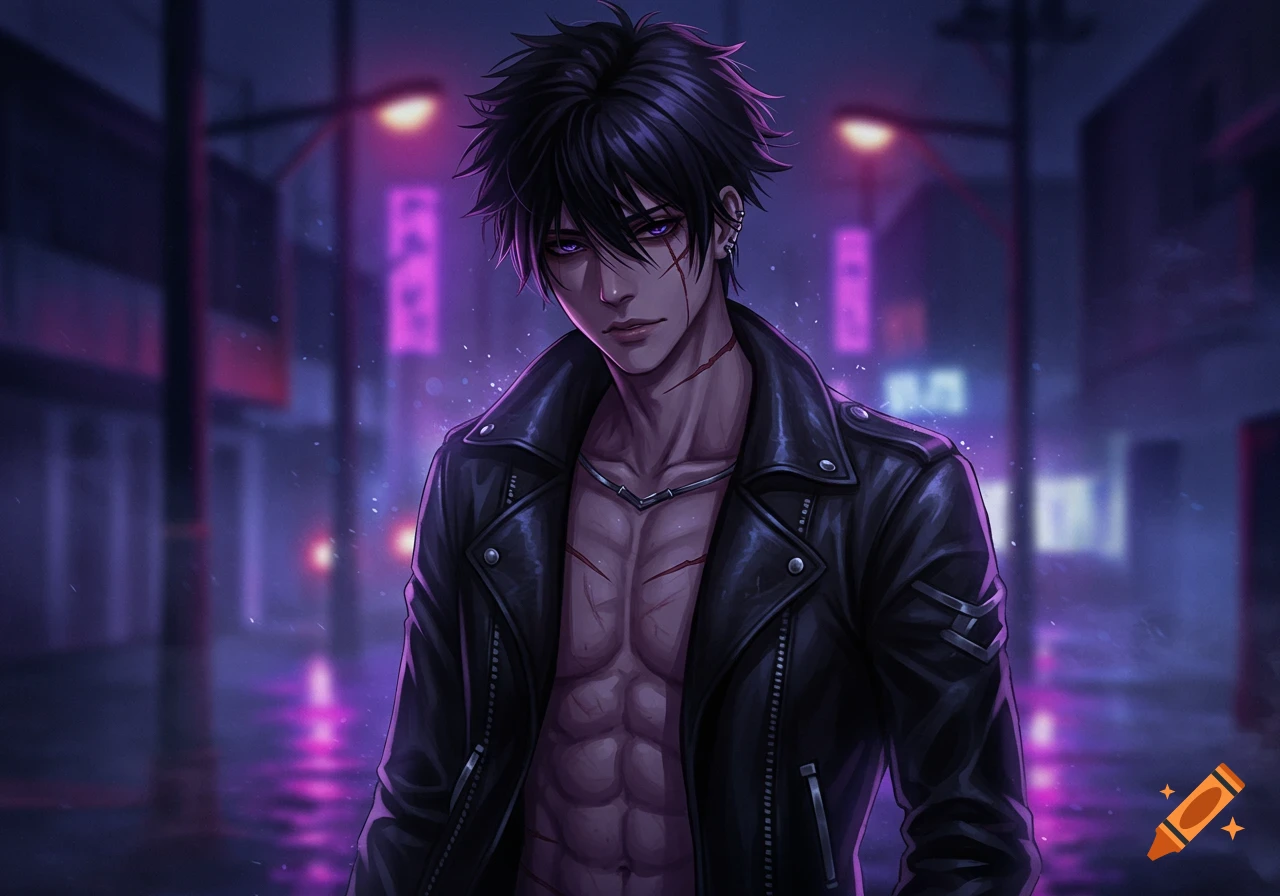 Anime style young man with black spiky hair, purple eyes, and scars, wearing a leather jacket, standing in a neon-lit city street at night.