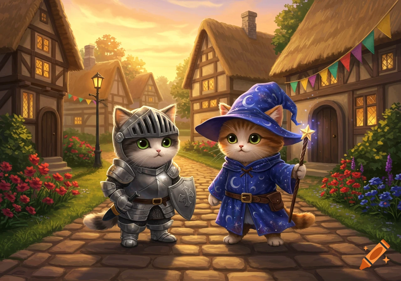 Two cute fluffy cats, one dressed as a knight and the other as a wizard, stand on a cobblestone path in a whimsical village at sunset.