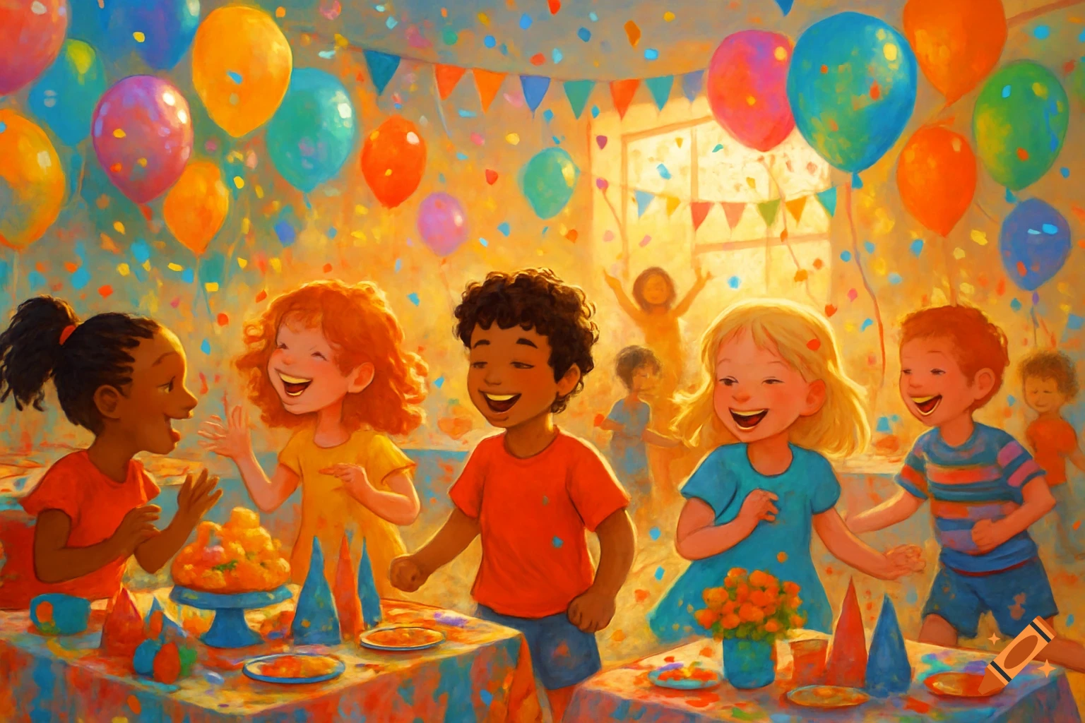 Vibrant, painterly illustration of diverse children laughing and celebrating at a colorful party with balloons and confetti.
