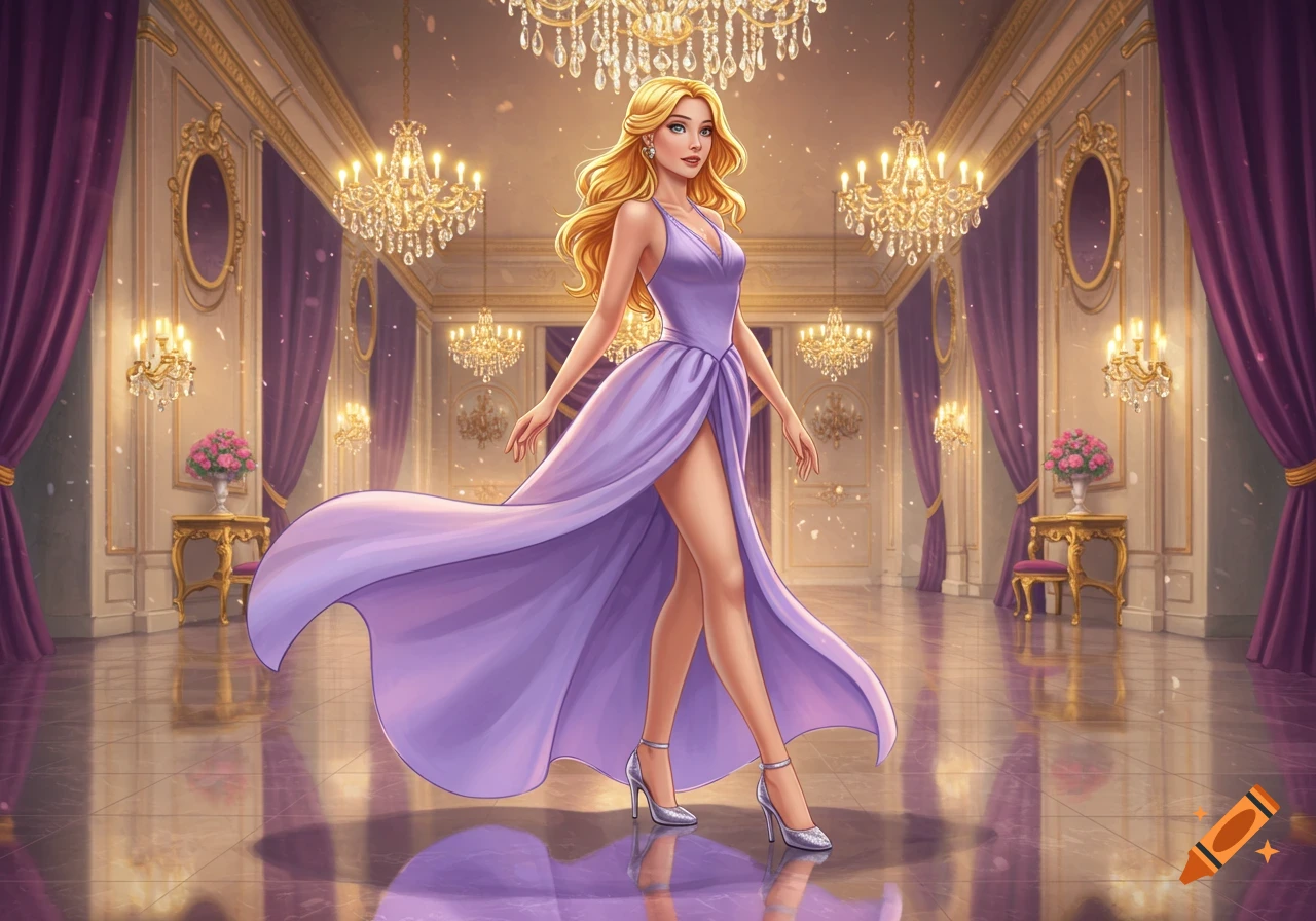 A beautiful woman with long blonde hair in a flowing purple gown with a high slit poses in a grand ballroom with chandeliers.