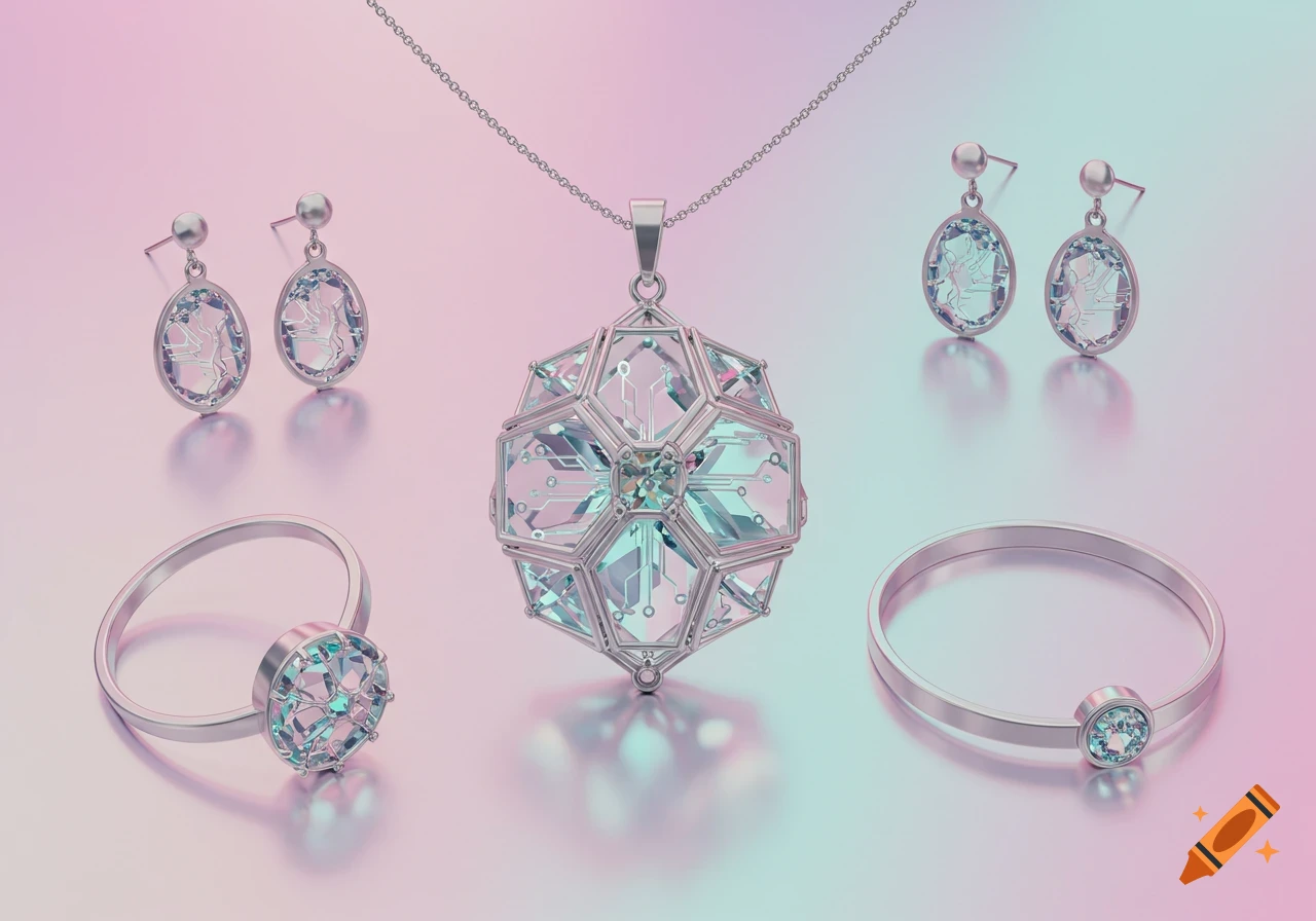 A collection of silver jewelry with clear, circuit board-patterned gems, including a necklace, earrings, ring, and bracelet, on a pastel background.