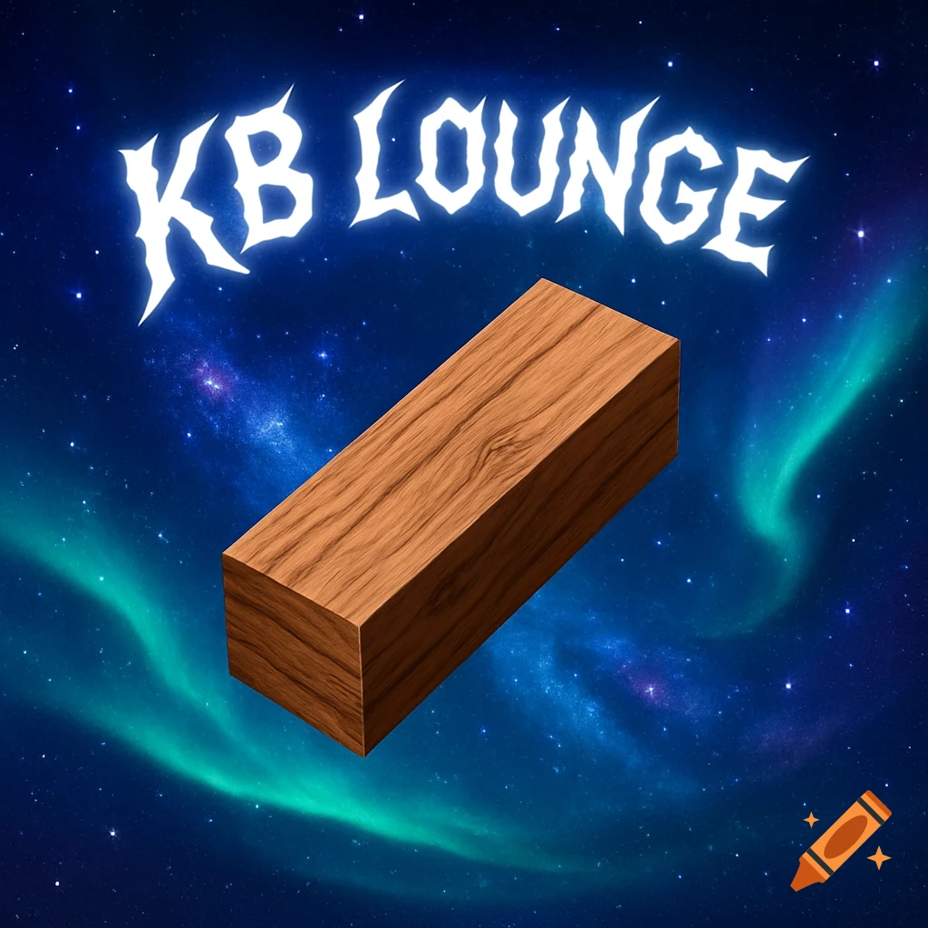 A wooden rectangular block floats against a starry space background with green northern lights, above stylized white text "KB LOUNGE".