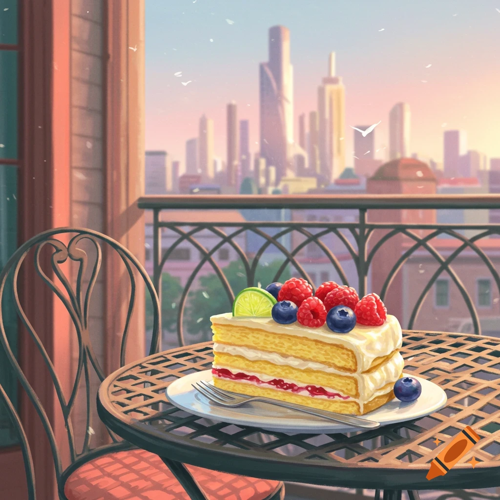 An illustrated slice of berry and lime cake on a balcony table overlooking a city skyline at sunset.