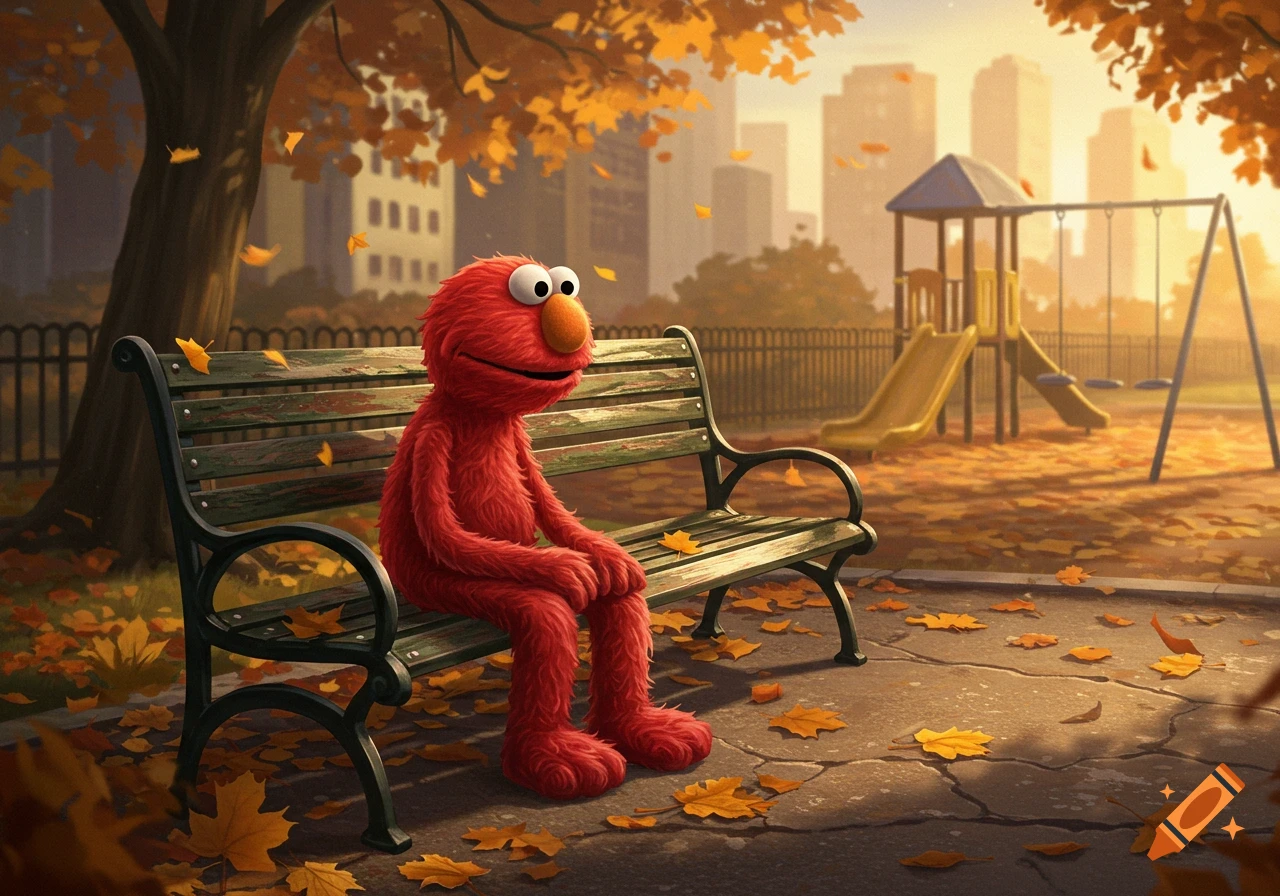 Elmo sits on a park bench covered in autumn leaves, with a playground and city buildings in the background.