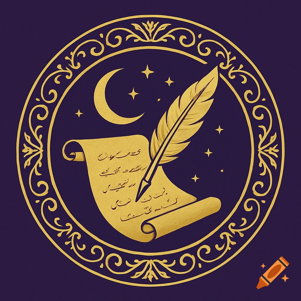 Ornate golden and purple circular emblem with a quill, scroll, moon, and stars in a vector illustration style.