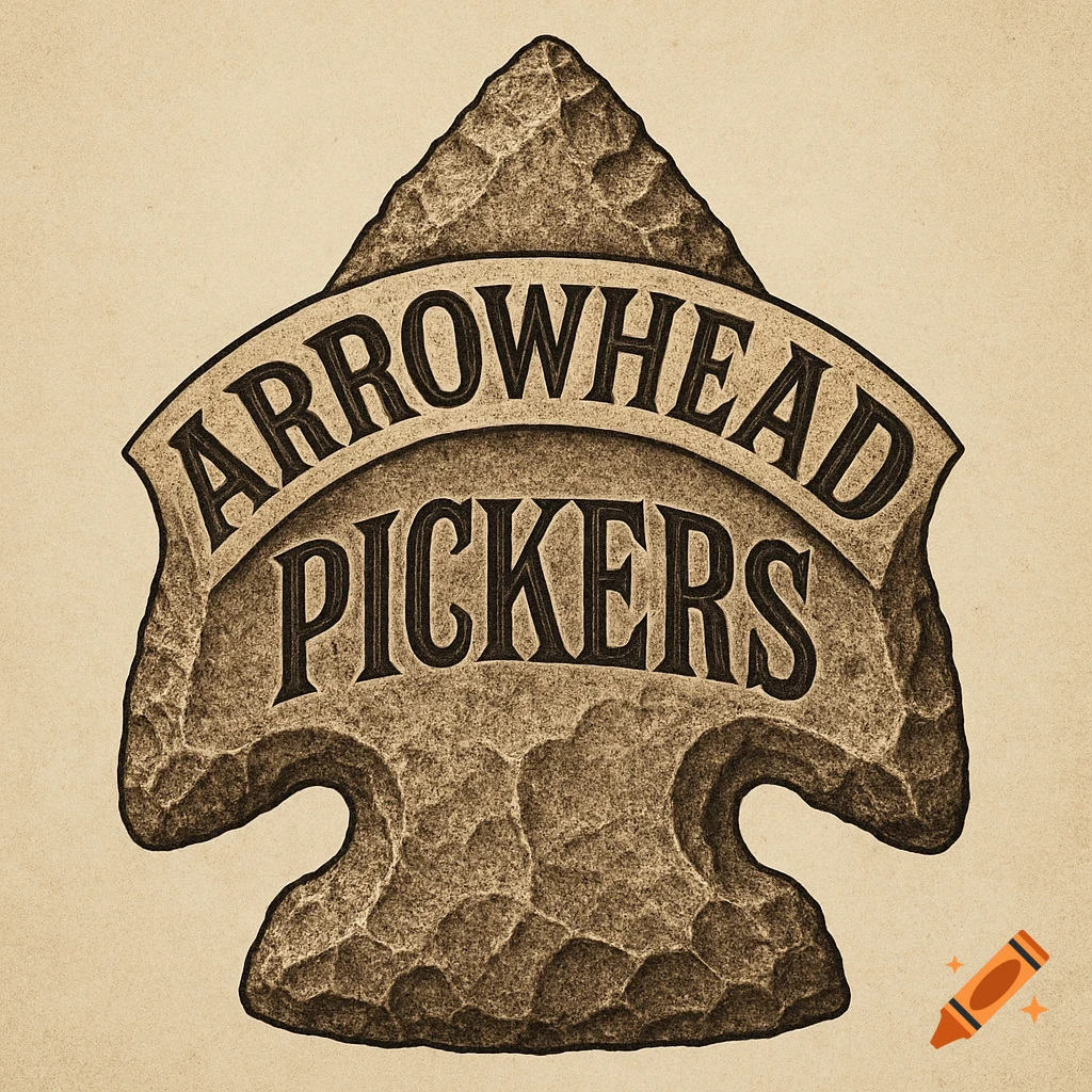 Antique-style logo shaped like a chiseled arrowhead, with "ARROWHEAD PICKERS" text in a rustic font.