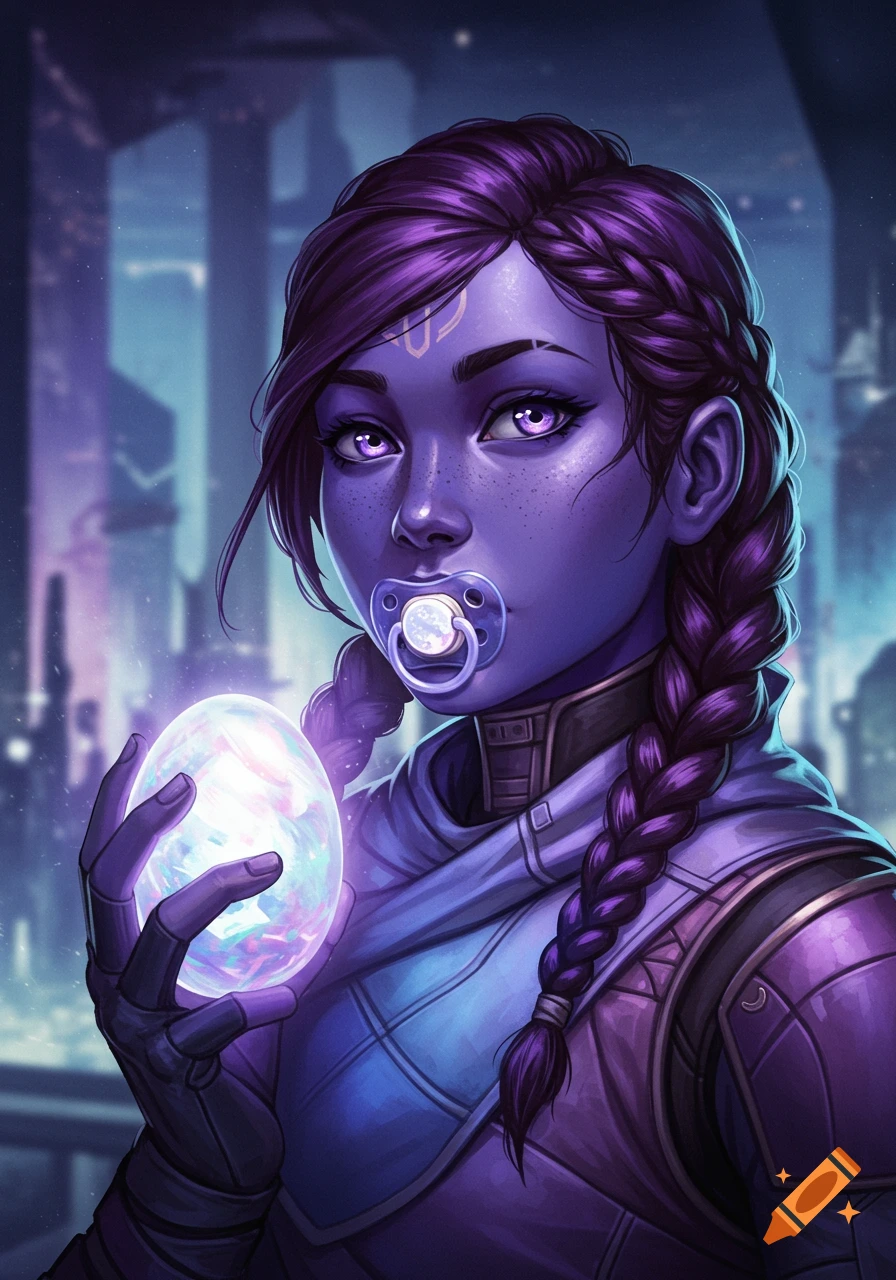 A stylized digital painting of a purple-skinned woman with braided hair, wearing futuristic armor, holding a glowing crystal egg while sucking on a pacifier. A futuristic city is in the background.