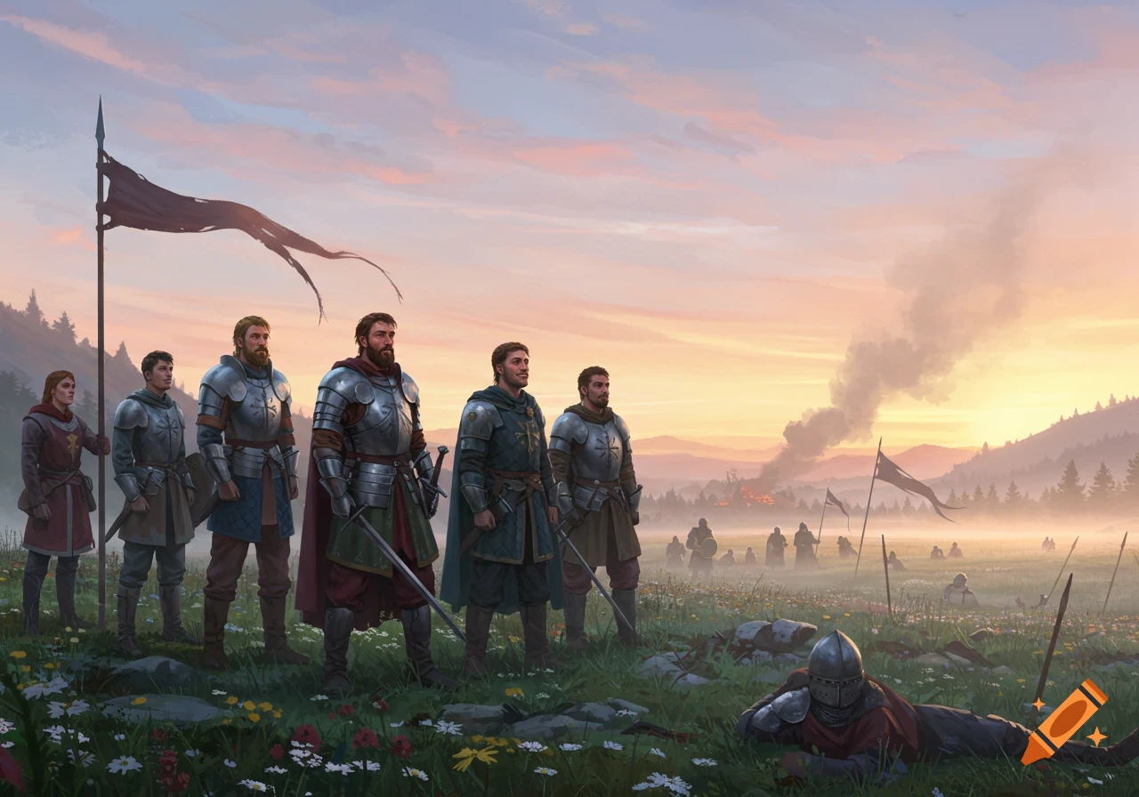 Five armored knights stand on a battlefield at dawn with smoke rising from a burning village in the distance.