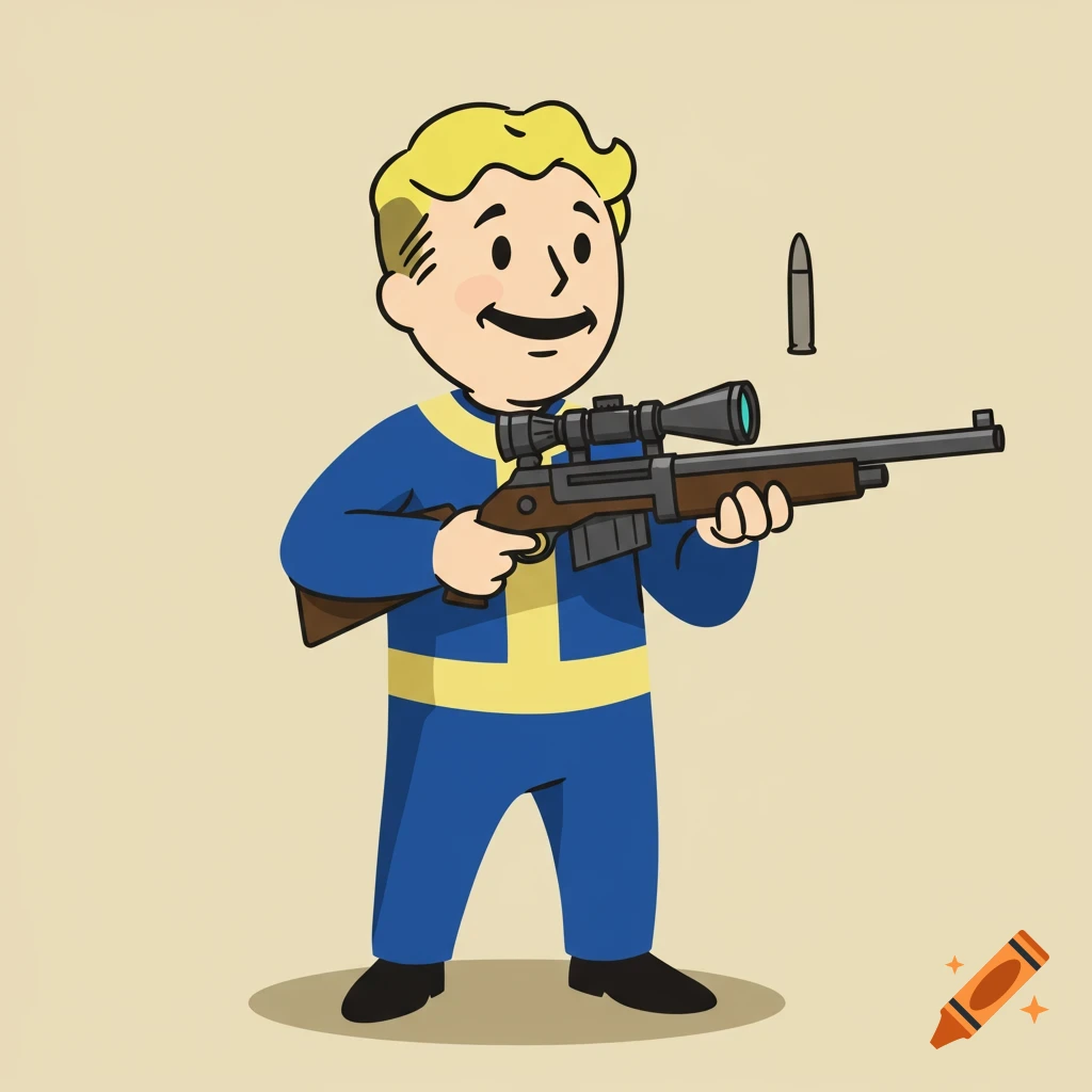 A cartoon illustration of Vault Boy from Fallout holding a scoped rifle with a single bullet floating next to him.