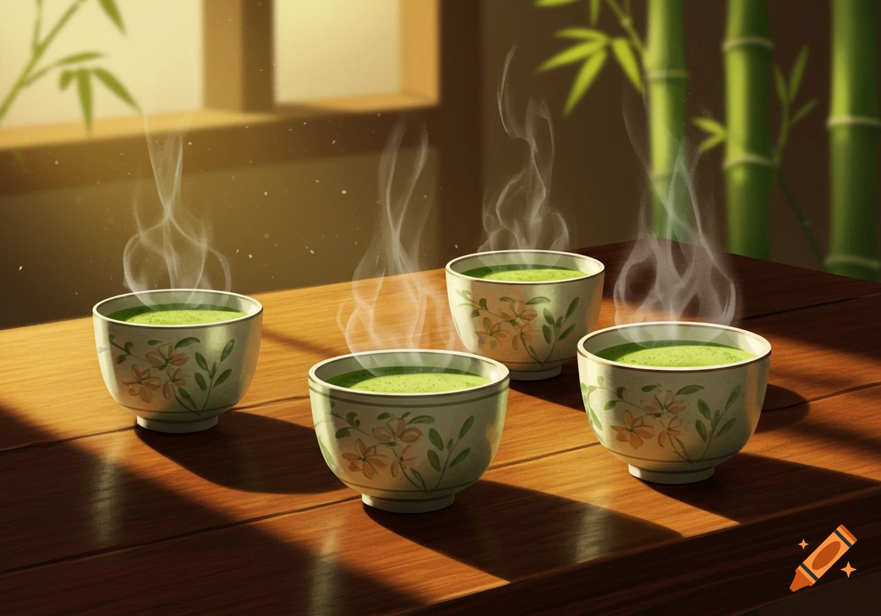 Four steaming cups of matcha tea sit on a wooden table, with bamboo visible in the sunlit background.