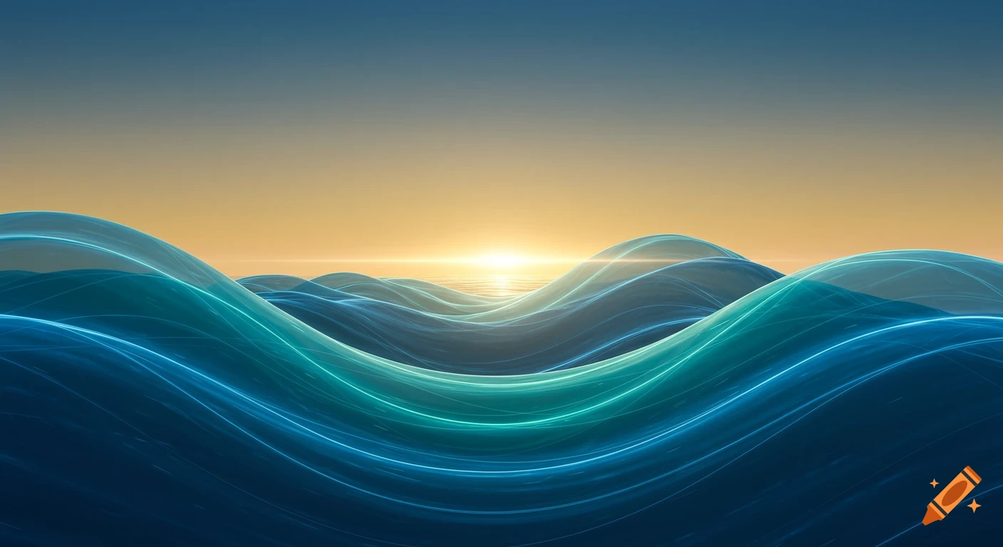 Abstract glowing blue and green waves at sunrise.