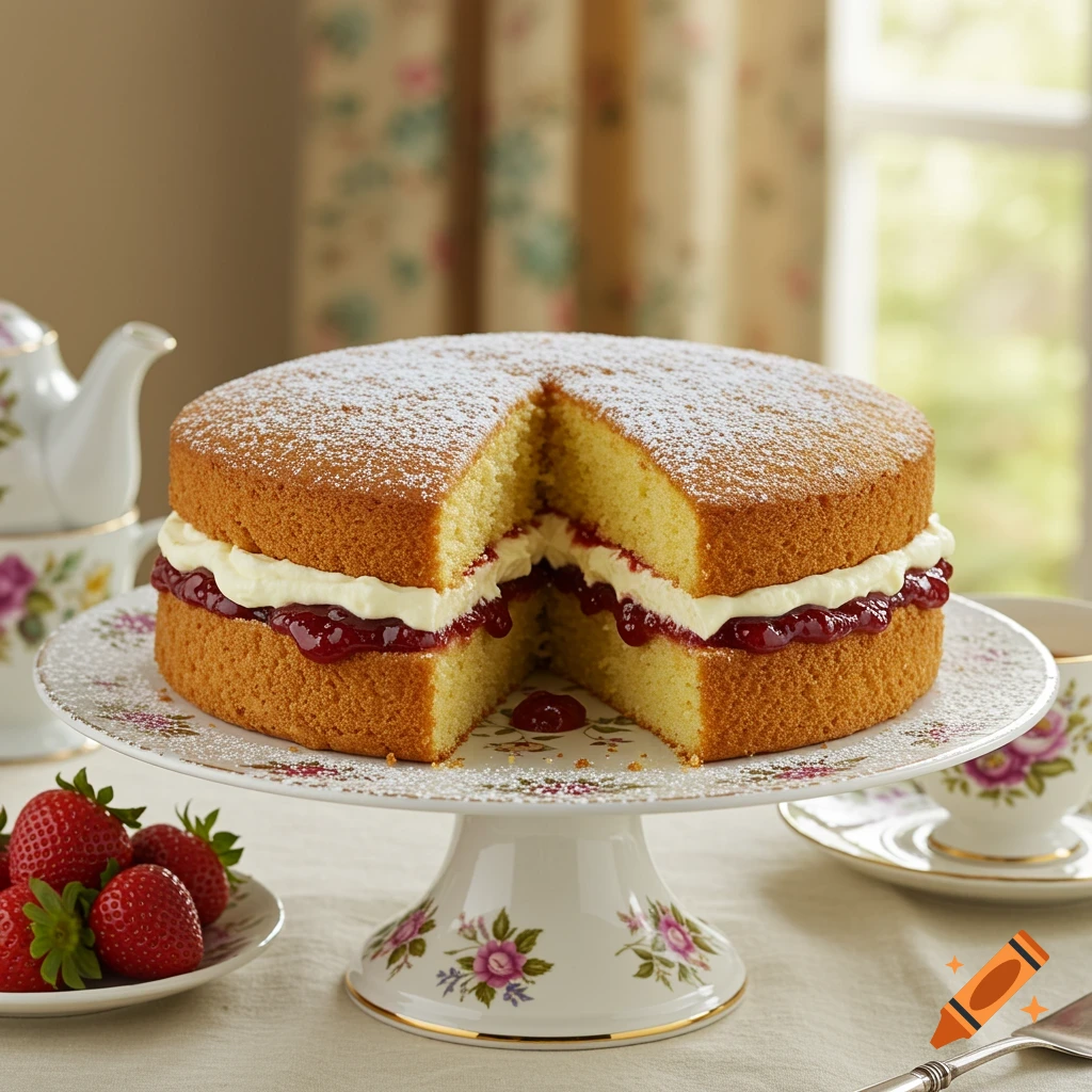 A Victoria sponge cake with a slice removed, showing cream and jam filling, on a floral cake stand, with strawberries and a teapot in the background. It is dusted with powdered sugar.