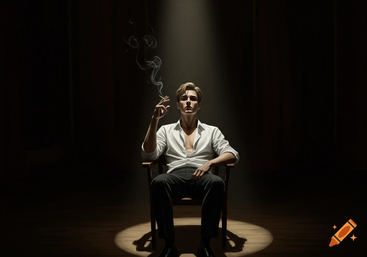 A handsome young actor sits on a simple chair on a bare stage, lit by a single spotlight, smoking a cigarette.