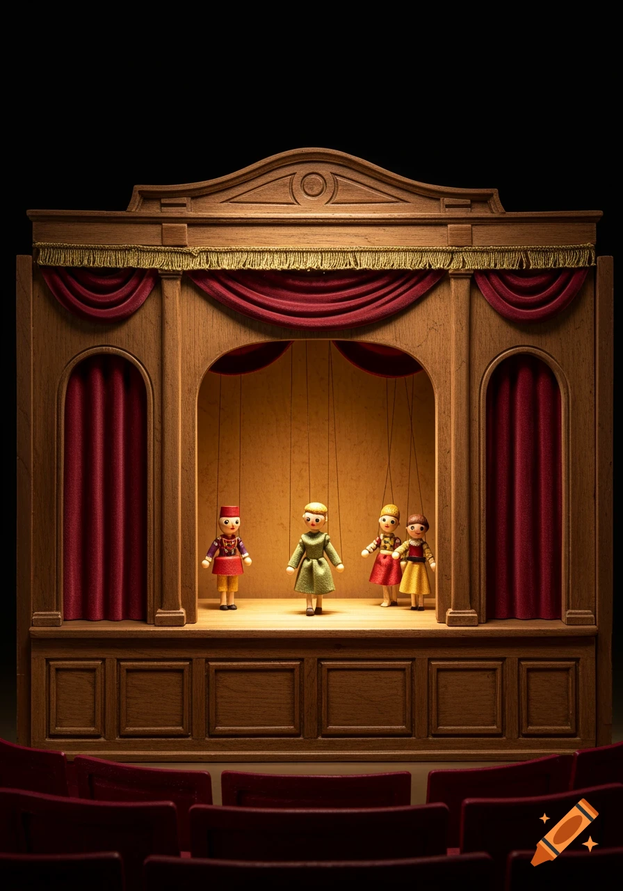 A wooden puppet show stage with red curtains. Four puppets stand on the illuminated stage, viewed from audience seats.