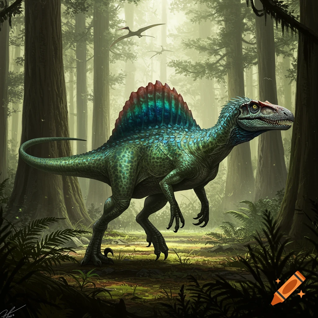 A vibrant, detailed illustration of a green and blue Spinosaurus-like dinosaur in a lush, misty prehistoric forest.