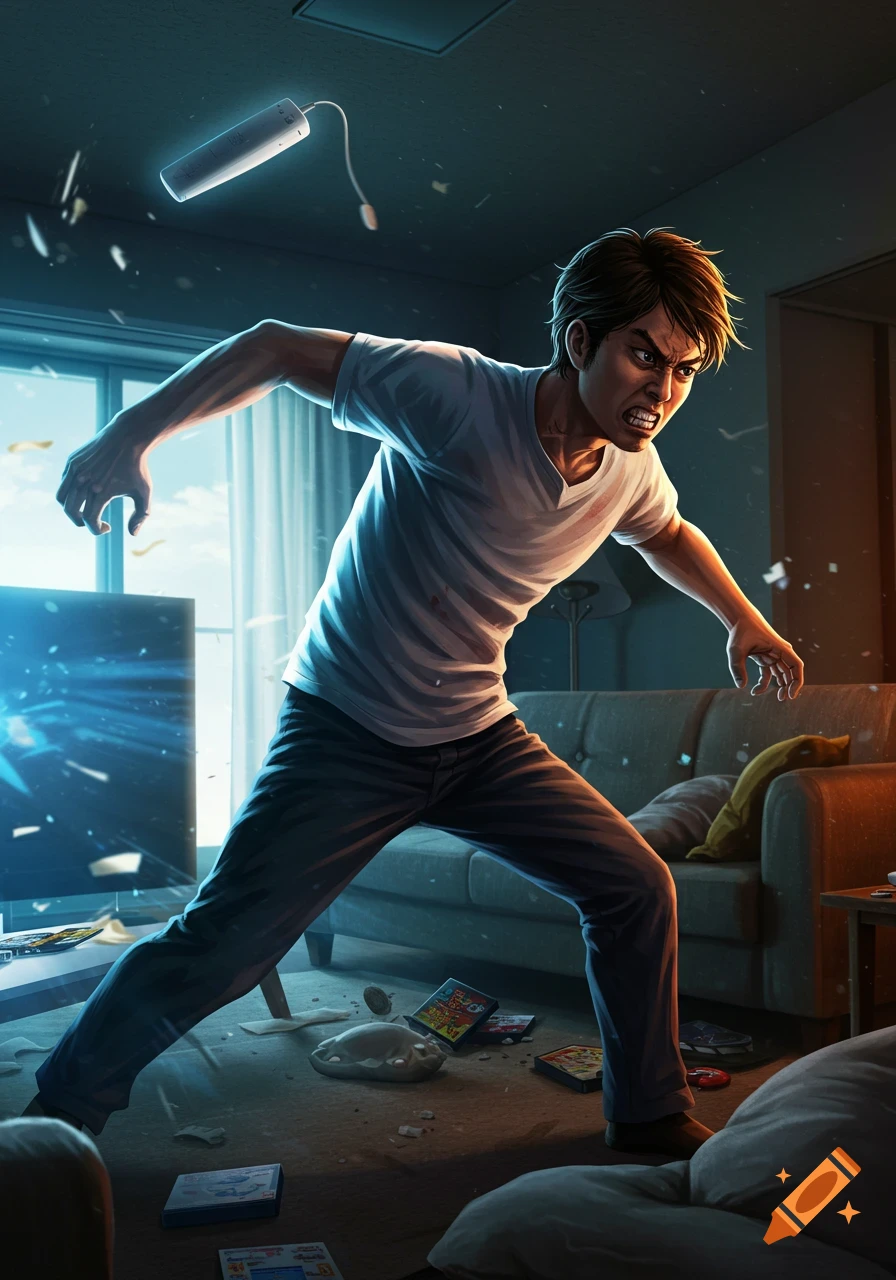 An angry man in a white t-shirt, standing aggressively in a messy living room, about to throw a Wii remote at a bright TV.