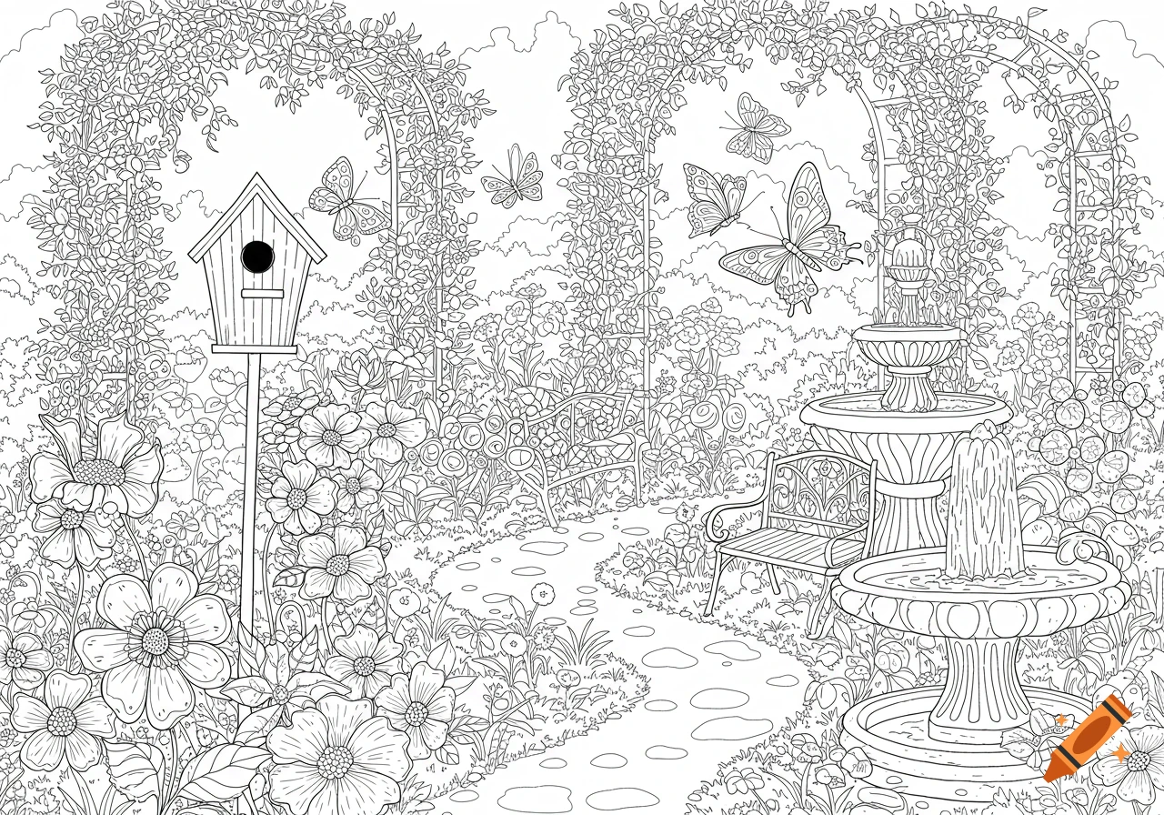 A detailed black and white line art coloring page of a lush garden with a birdhouse, archways, a fountain, and butterflies.