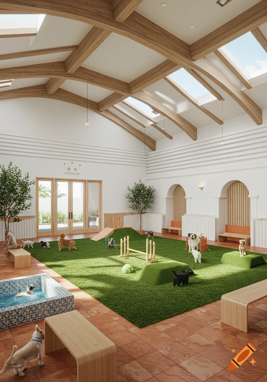 A bright, realistic rendering of an indoor dog park with a turf play area, small pool, and several dogs playing under a high ceiling with skylights and wooden beams.