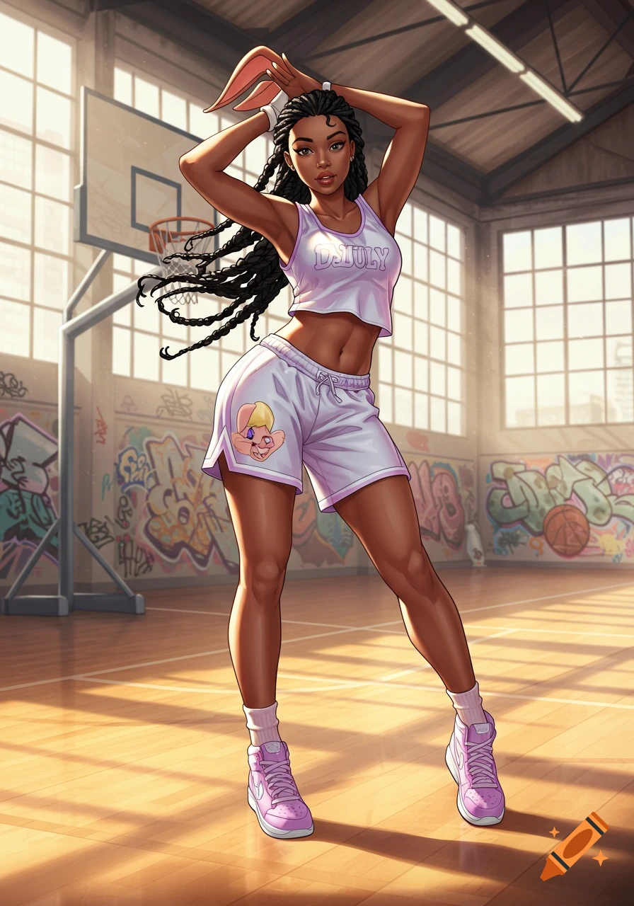An anime-style black woman in a basketball outfit and bunny ears, standing on a court with graffiti-covered walls.