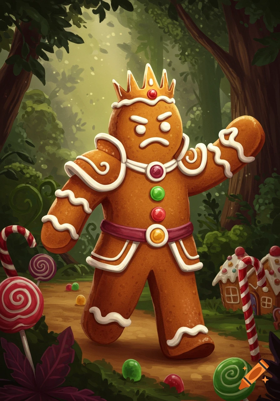 An angry gingerbread man king wearing a crown and armor made of icing stands in an enchanted forest filled with candy.